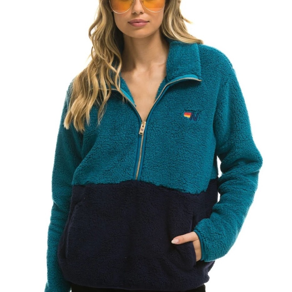 AVIATOR NATION - TEDDY UNISEX HALF ZIP COLOR BLOCK JACKET - CAPRI, size L